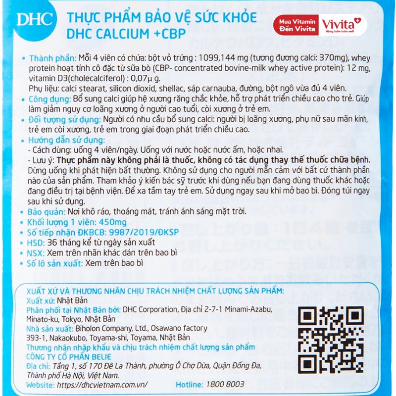 nhãn phụ canxi DHC Calcium + CBP Nhật Bản