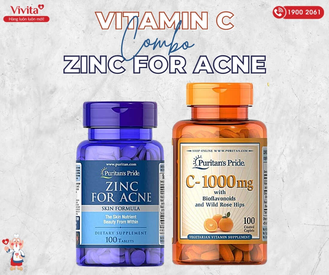 Bộ đôi kẽm và vitamin C dưỡng da từ Puritain’s Pride.