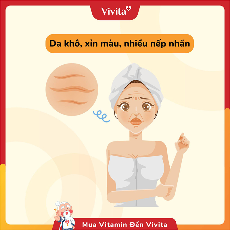 dấu hiệu thiếu vitamin C dễ nhận biết là qua làn da khô, sỉn màu, sần sùi và nhiều nếp nhăn