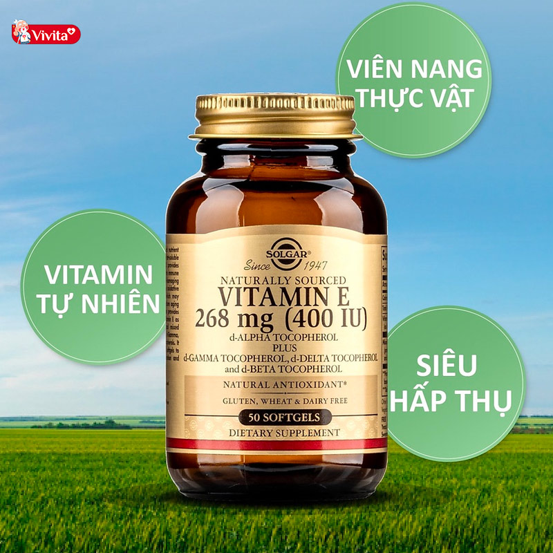 Vitamin E của Mỹ Solgar Vitamin E 400 IU đến từ thương hiệu Solgar nổi tiếng tại Mỹ. Mỗi viên nang cung cấp cho cơ thể 268mg hoạt chất vitamin E. Solgar là thương hiệu rất chú trọng vào nguồn nguyên liệu trong quy trình sản xuất. 