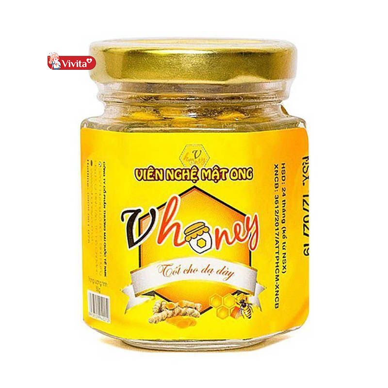 Viên nghệ mật ong Vhoney được đóng dạng hộp với trọng lượng chỉ 150g nhỏ gọn giúp người dùng dễ dàng mang theo bất cứ đâu